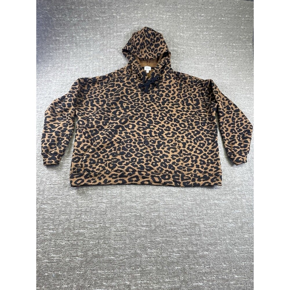 BKE Women Leopard Print Fleece Pullover Hoodie Kangaroo Pocket Brown/Black XXL